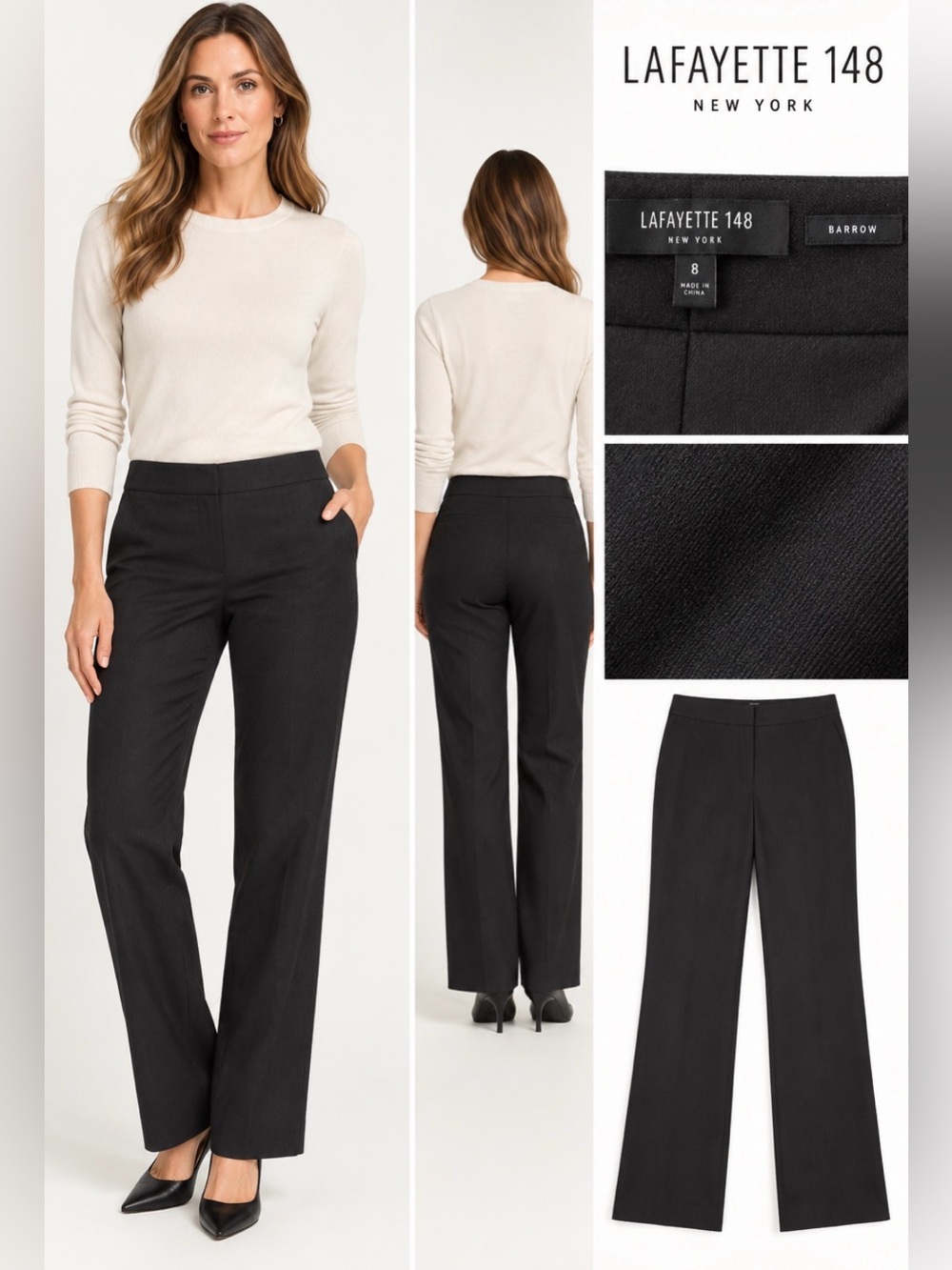 Lafayette 148 New York Barrow Black Wool Blend Straight Leg Pants Size 8